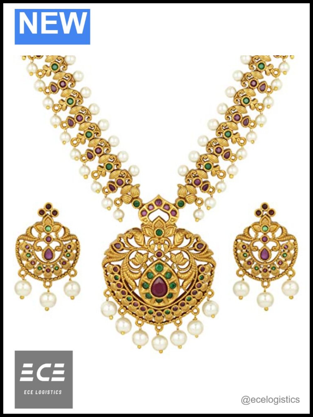 Handcrafted Enameled Rhinestone Crystal Faux Pearl Jewelry Set Necklace Earrings